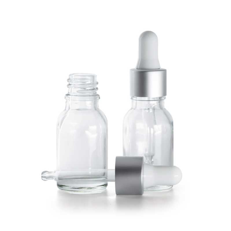 Frasco de vidrio, transparente, cuentagotas blanco plata mate, 15 ml