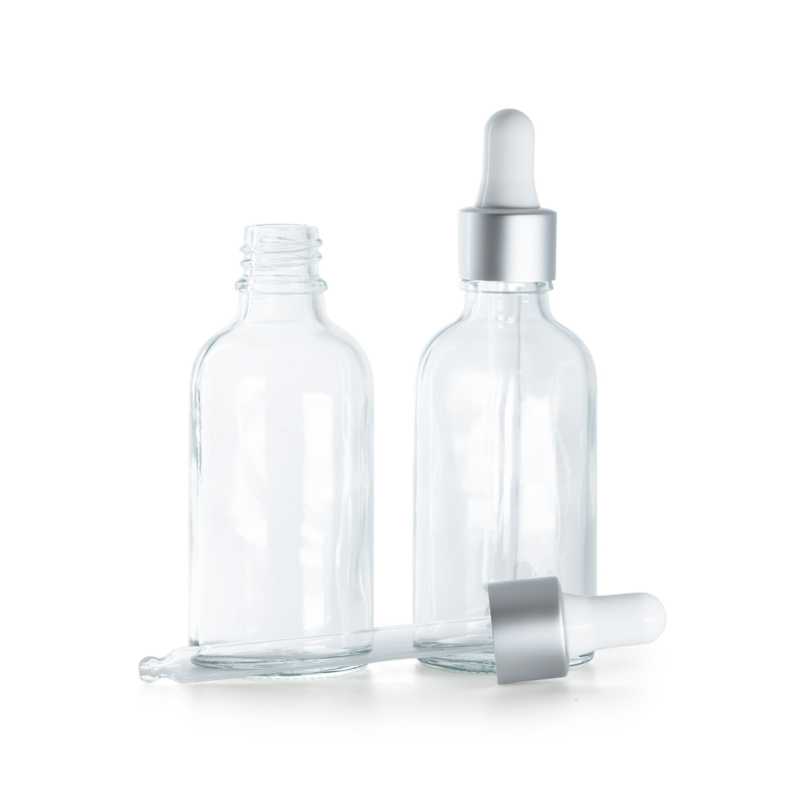 Botella de vidrio, transparente, cuentagotas, plata blanca mate, 30 ml