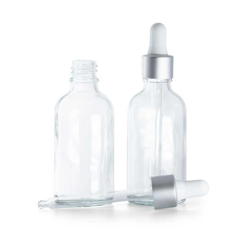 Botella de vidrio, transparente, cuentagotas mate plateado, 50 ml