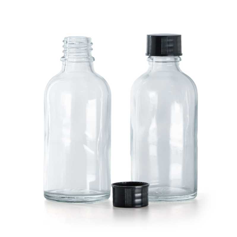Frasco de vidrio, transparente, tapa negra, 50 ml