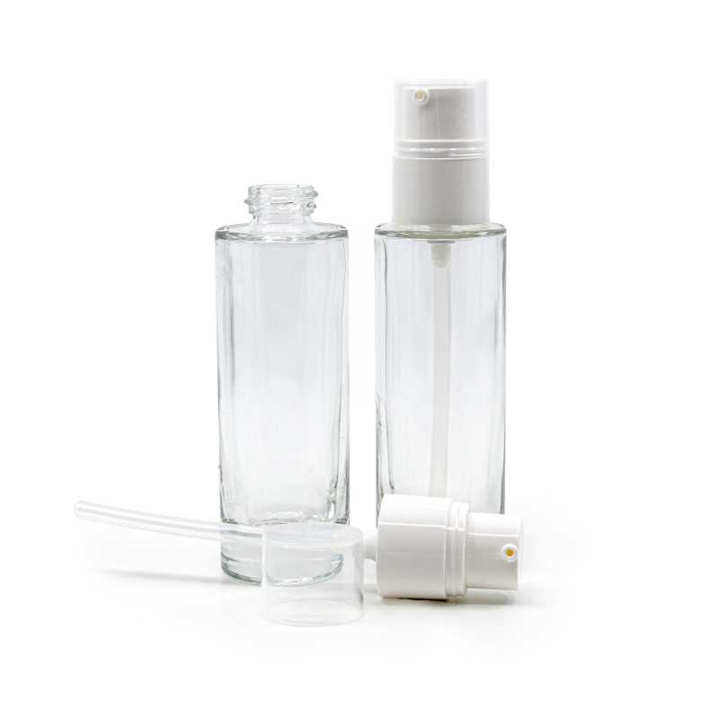 Frasco de vidrio, transparente, bomba blanca, 30 ml