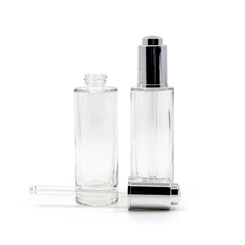 Botella de vidrio, transparente, cuentagotas plateado, 30 ml