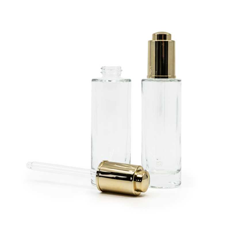 Botella de vidrio transparente alta con cuentagotas dorado 30 ml