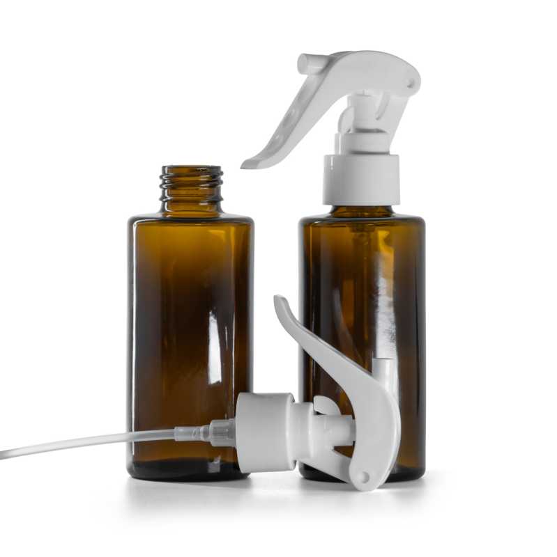 Botella de vidrio ámbar, cuello recto, 24 mm, pulverizador de gatillo blanco, 100 ml