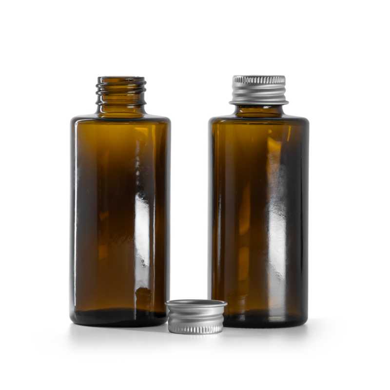 Botella de vidrio, ámbar, cuello recto, 24 mm, tapón de aluminio, plateado, 100 ml