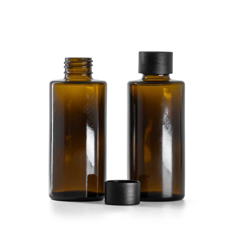 Botella de vidrio ámbar, tapón recto, collar 24 mm, tapón plástico negro mate, 100 ml
