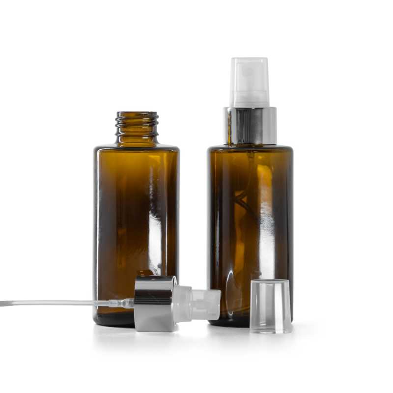 Botella de vidrio ámbar, pulverizador transparente con anillo plateado brillante, 100 ml