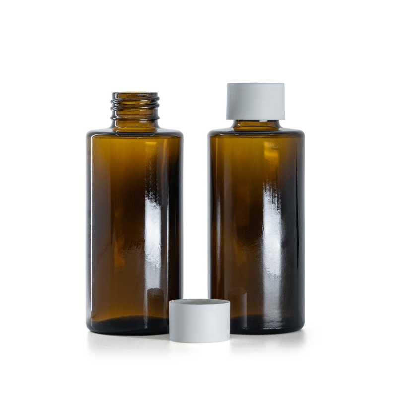Botella de vidrio, ámbar, tapón mate blanco, 100 ml