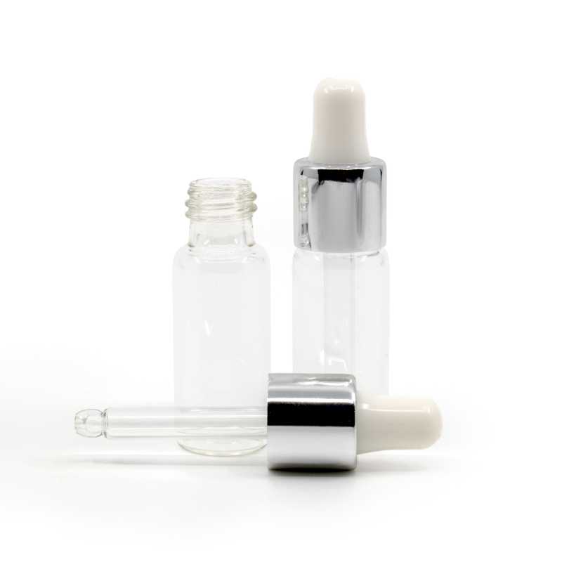 Vial de vidrio transparente redondo, cuentagotas plateado brillante blanco, 6 ml