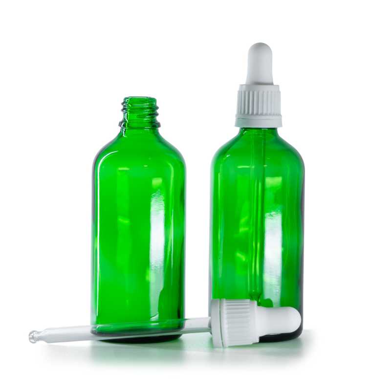 Frasco de vidrio, verde, cuentagotas blanco, 100 ml