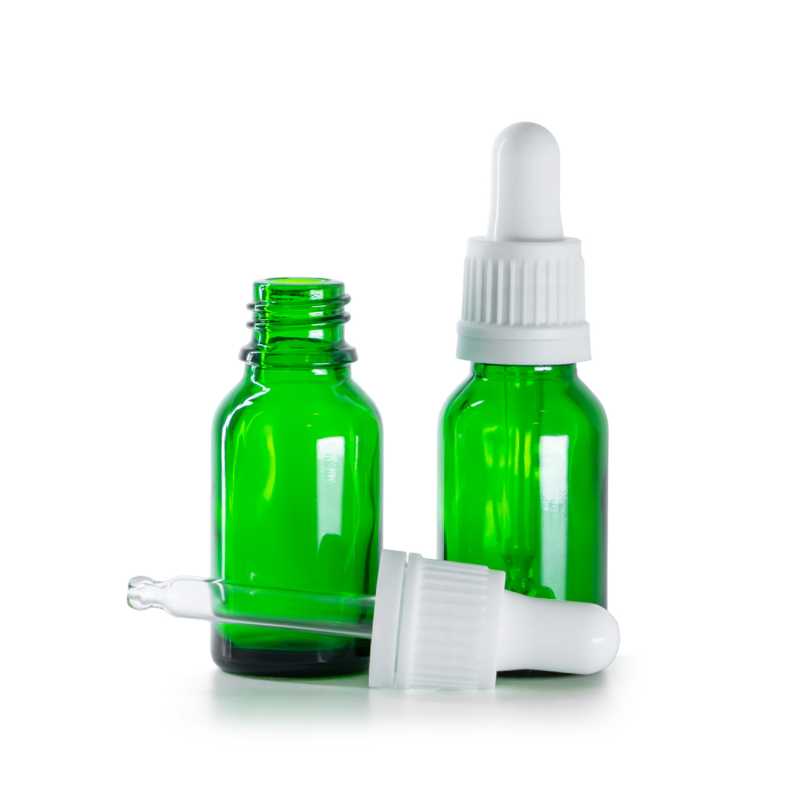 Botella de vidrio, verde, cuentagotas blanco, 15 ml