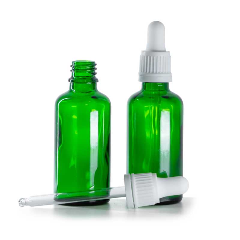 Botella de vidrio, verde, cuentagotas blanco, 50 ml