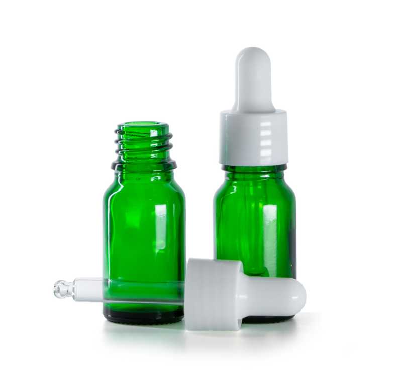 Frasco de vidrio, verde, cuentagotas blanco brillante, 10 ml
