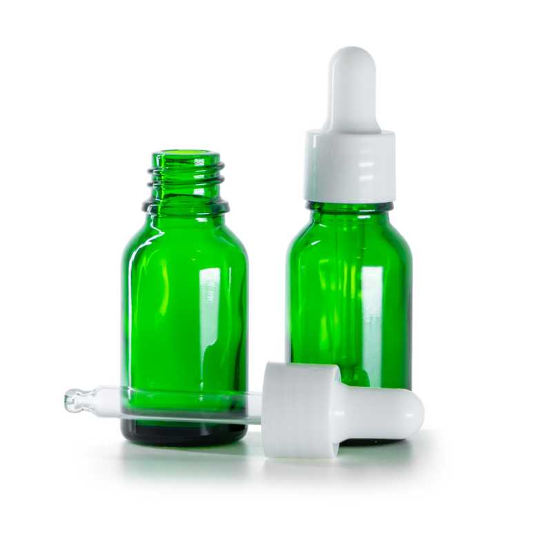 Botella de vidrio, verde, cuentagotas blanco brillante, 15 ml