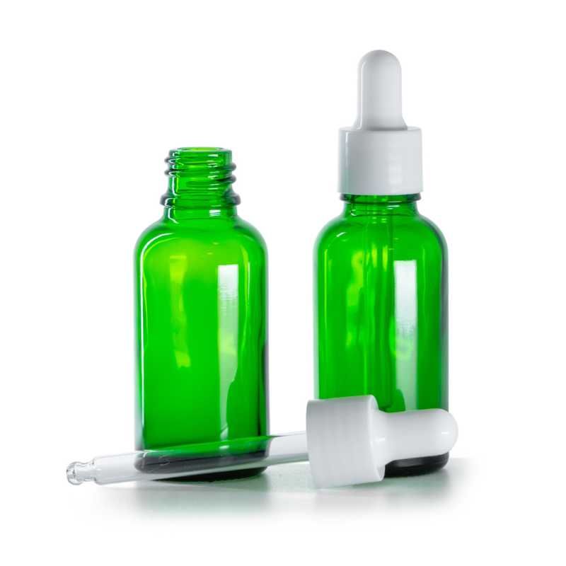 Botella de vidrio, verde, cuentagotas blanco brillante, 30 ml
