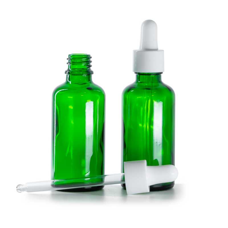 Botella de vidrio, verde, cuentagotas blanco brillante, 50 ml