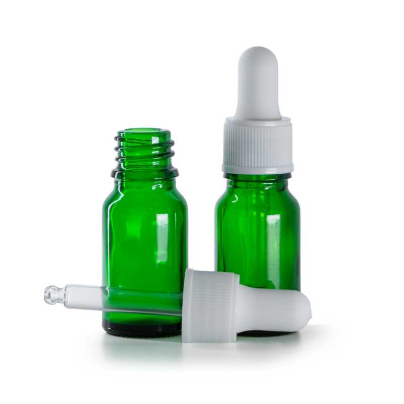 Botella de vidrio, verde, cuentagotas blanco mate, 10 ml