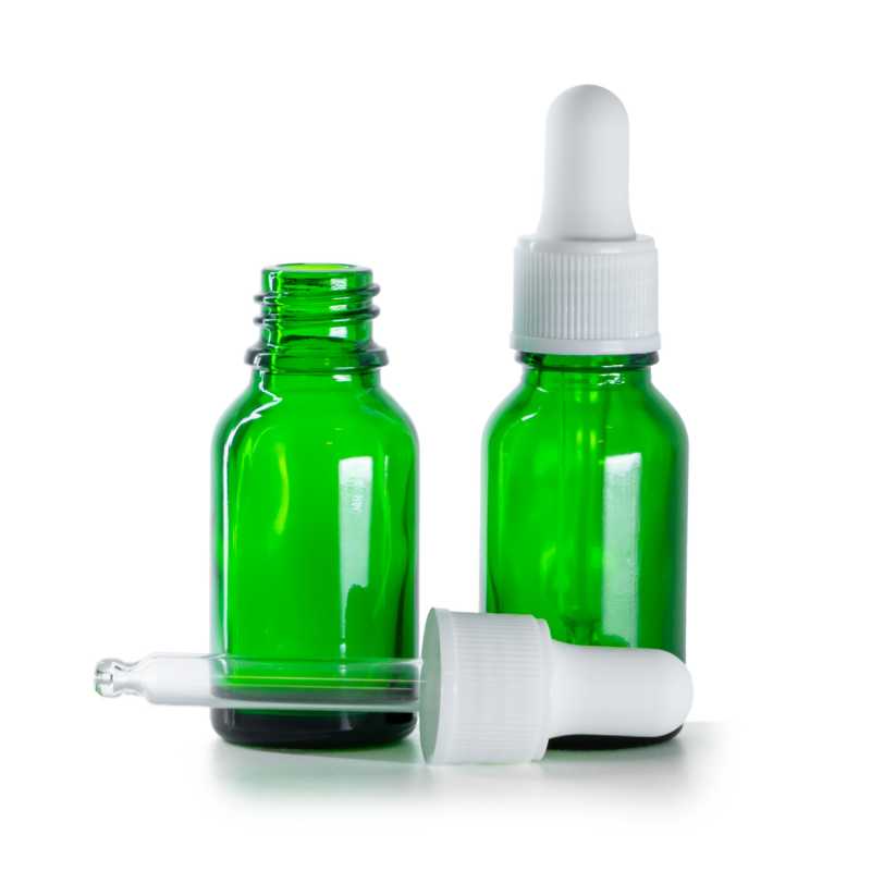 Botella de vidrio, verde, cuentagotas blanco mate, 15 ml