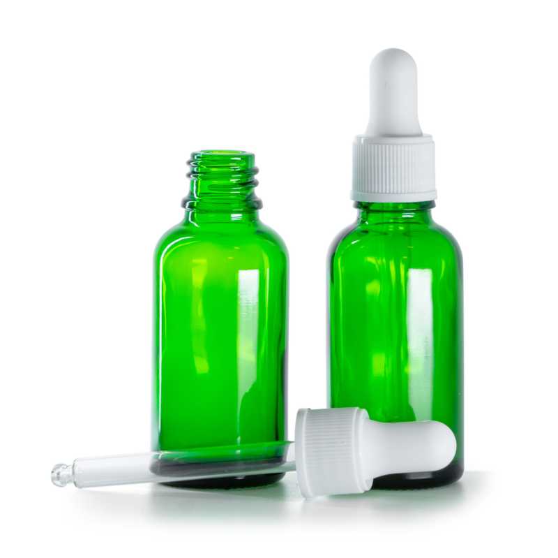 Frasco de vidrio, verde, cuentagotas blanco mate, 30 ml