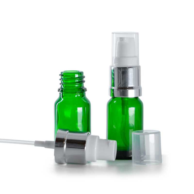 Botella de vidrio, verde, dosificador blanco plata brillante, 10 ml