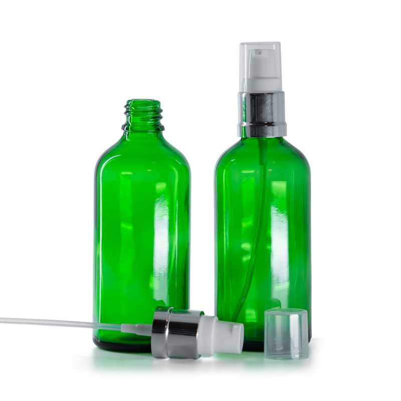 Botella de vidrio, verde, dispensador blanco y plateado brillante, 100 ml