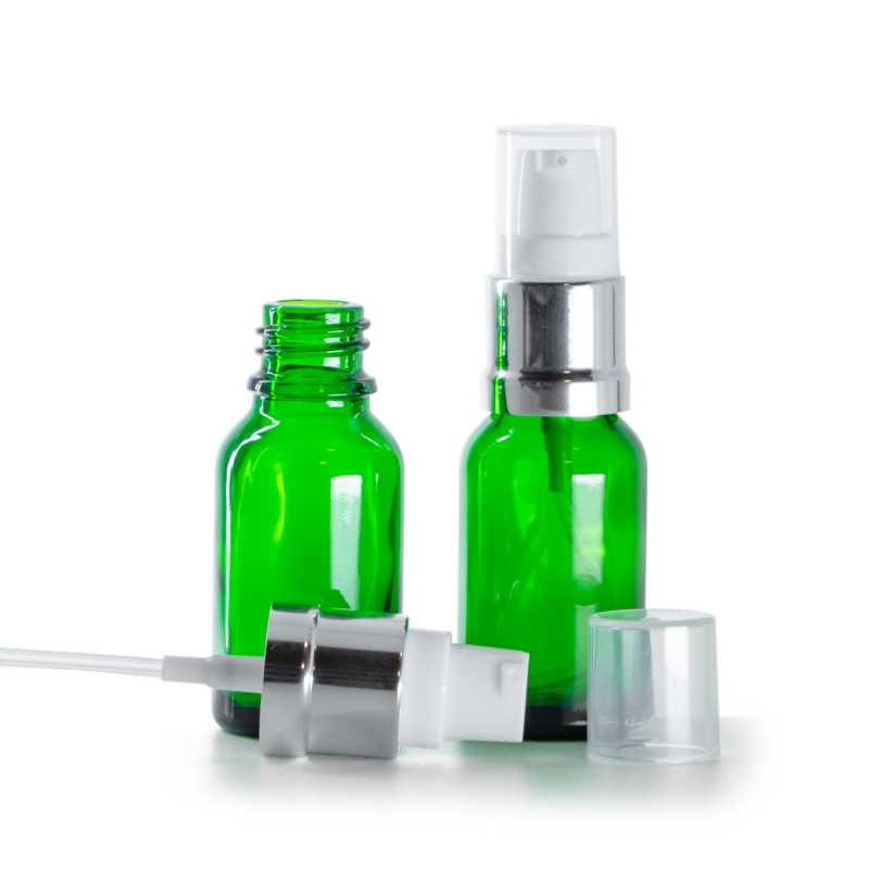 Botella de vidrio, verde, dispensador blanco plateado brillante, 15 ml