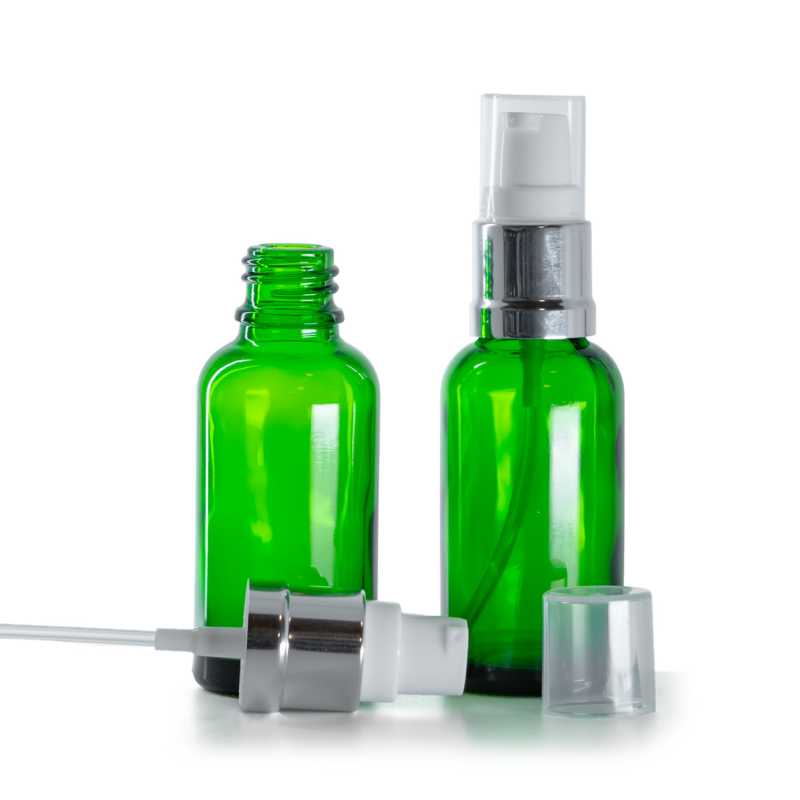 Botella de vidrio, verde, dosificador blanco plateado brillante, 30 ml