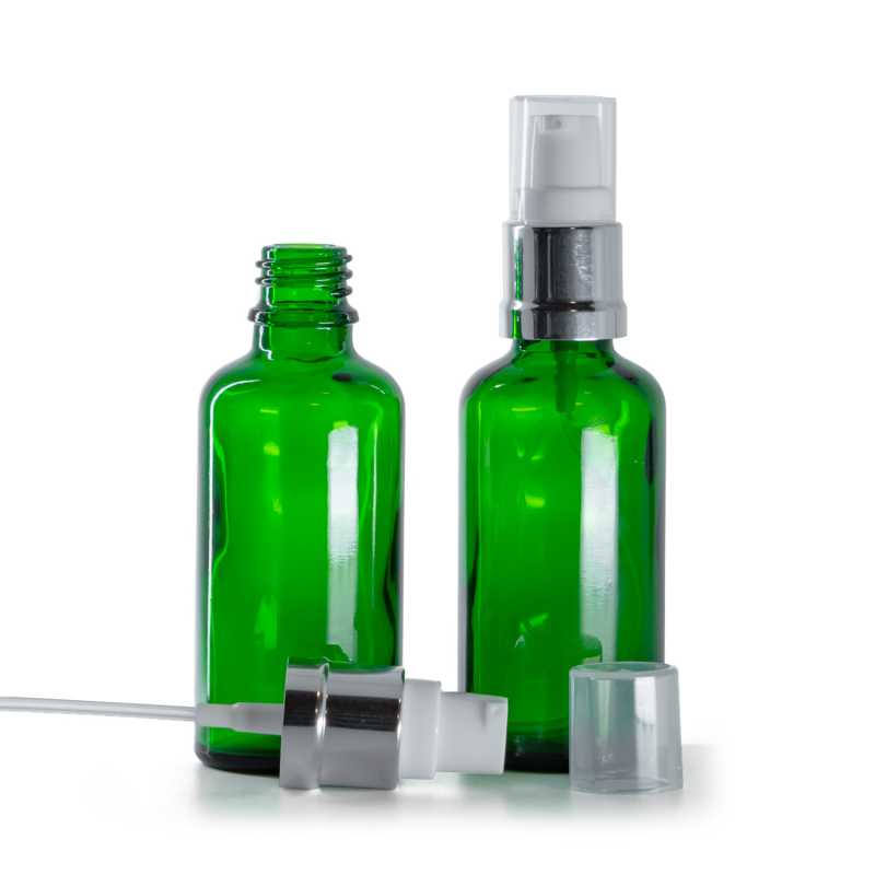 Botella de vidrio, verde, dispensador blanco plateado brillante, 50 ml
