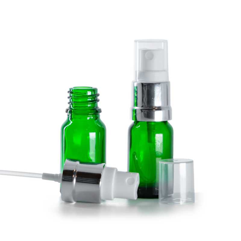 Botella de vidrio, verde, pulverizador blanco plateado brillante, 10 ml