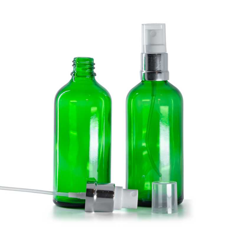 Botella de vidrio, verde, pulverizador plata blanco, 100 ml