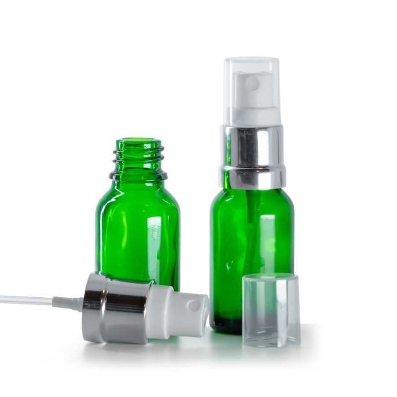 Botella de vidrio, verde, pulverizador blanco y plateado, 15 ml