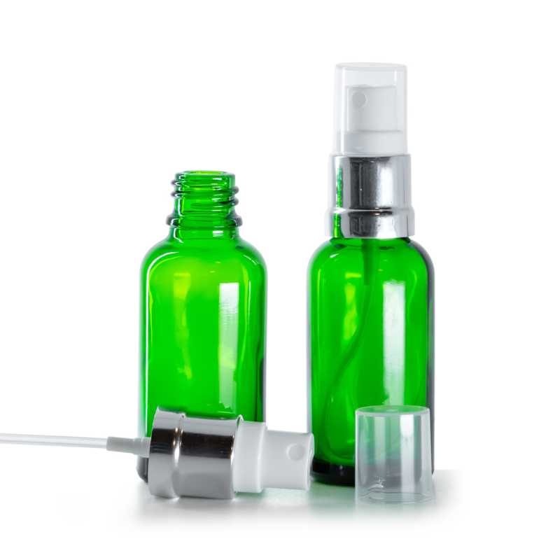 Botella de vidrio, verde, pulverizador, blanco plateado, 30 ml