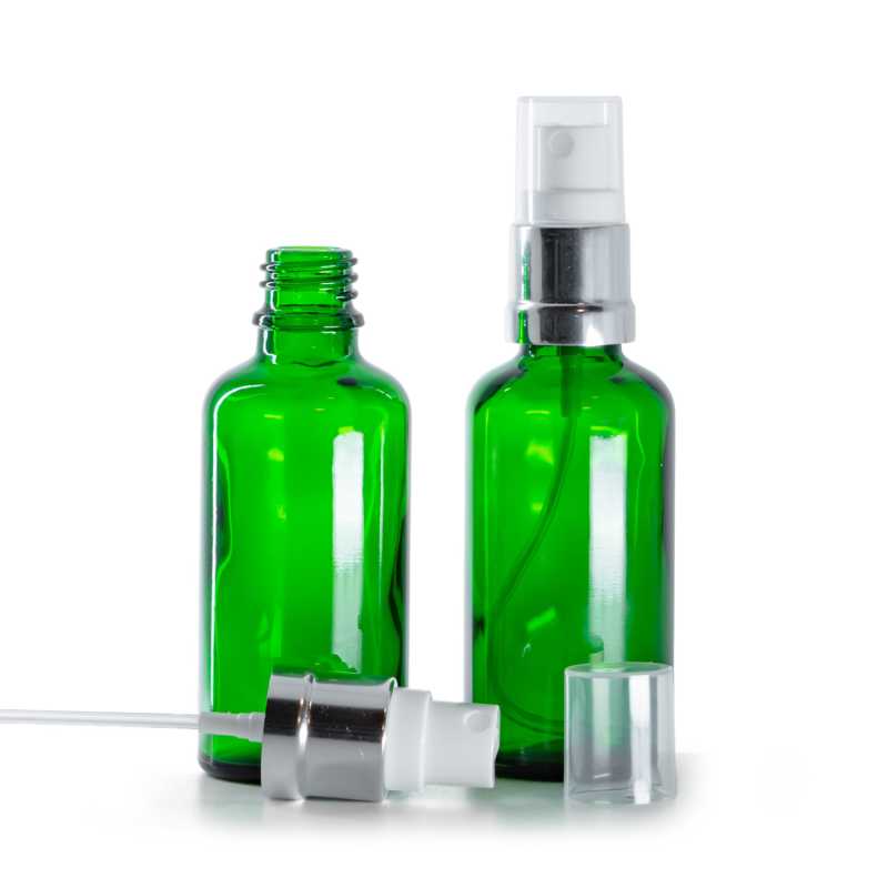 Botella de vidrio, verde, pulverizador blanco plateado brillante, 50 ml