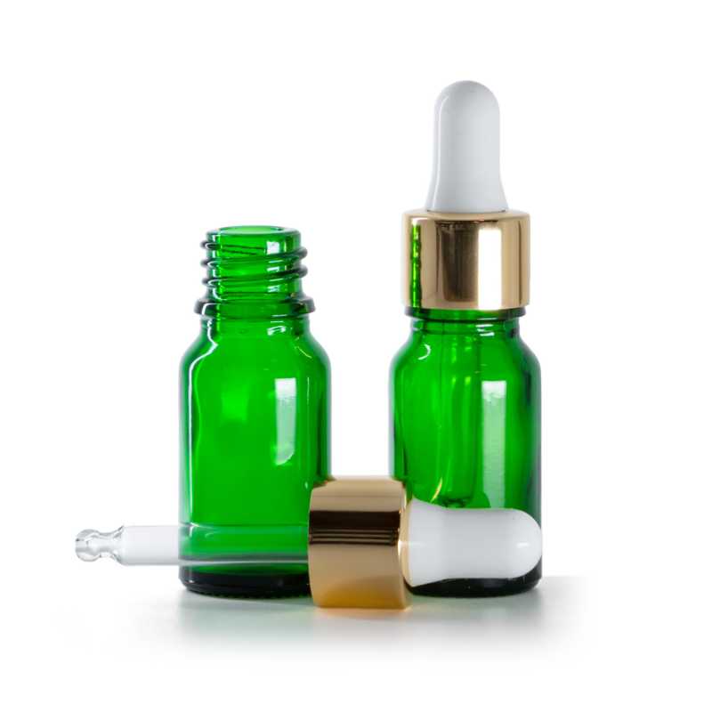 Frasco de vidrio, verde, cuentagotas blanco dorado, 10 ml