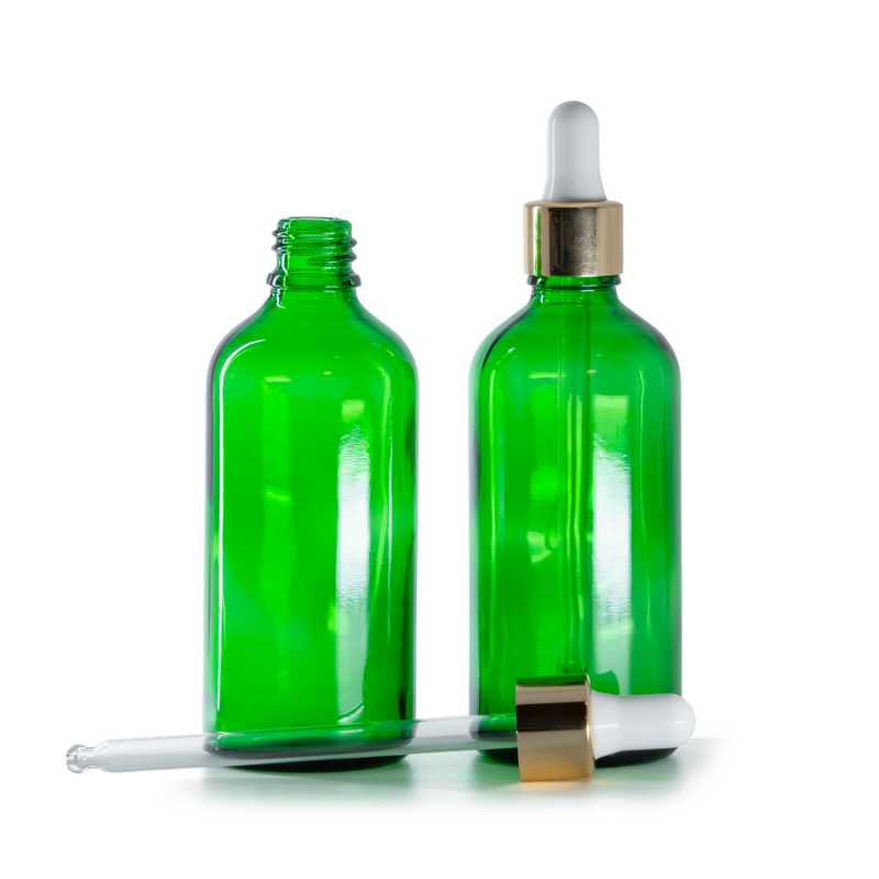 Botella de vidrio, verde, cuentagotas blanco y dorado, 100 ml