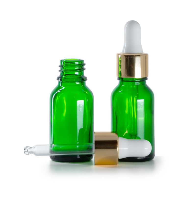 Envase de vidrio, verde, cuentagotas blanco dorado, 15 ml