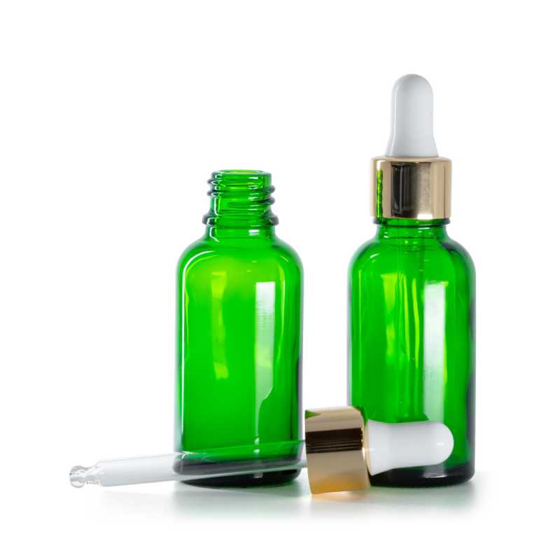 Frasco de vidrio, verde, cuentagotas blanco y dorado, 30 ml