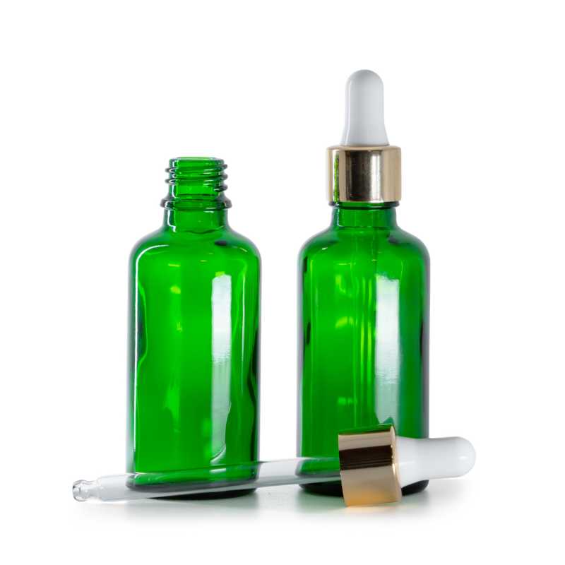 Frasco de vidrio, verde, cuentagotas blanco dorado, 50 ml