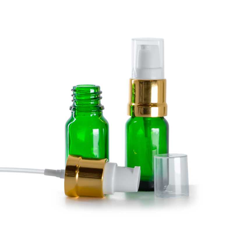 Frasco de vidrio verde, dosificador blanco dorado brillante, 10 ml