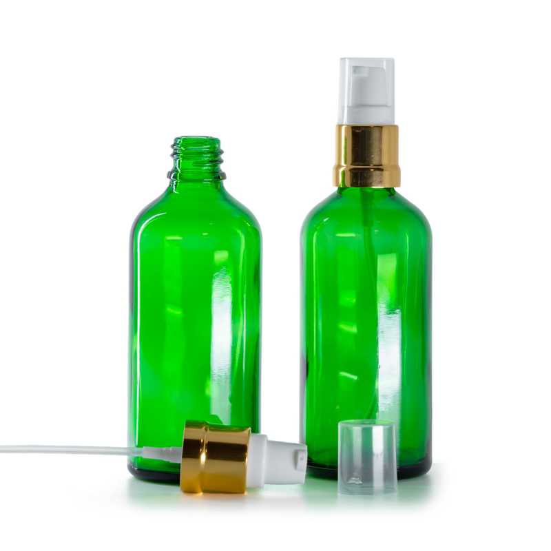 Botella de vidrio, verde, dispensador blanco dorado brillante, 100 ml