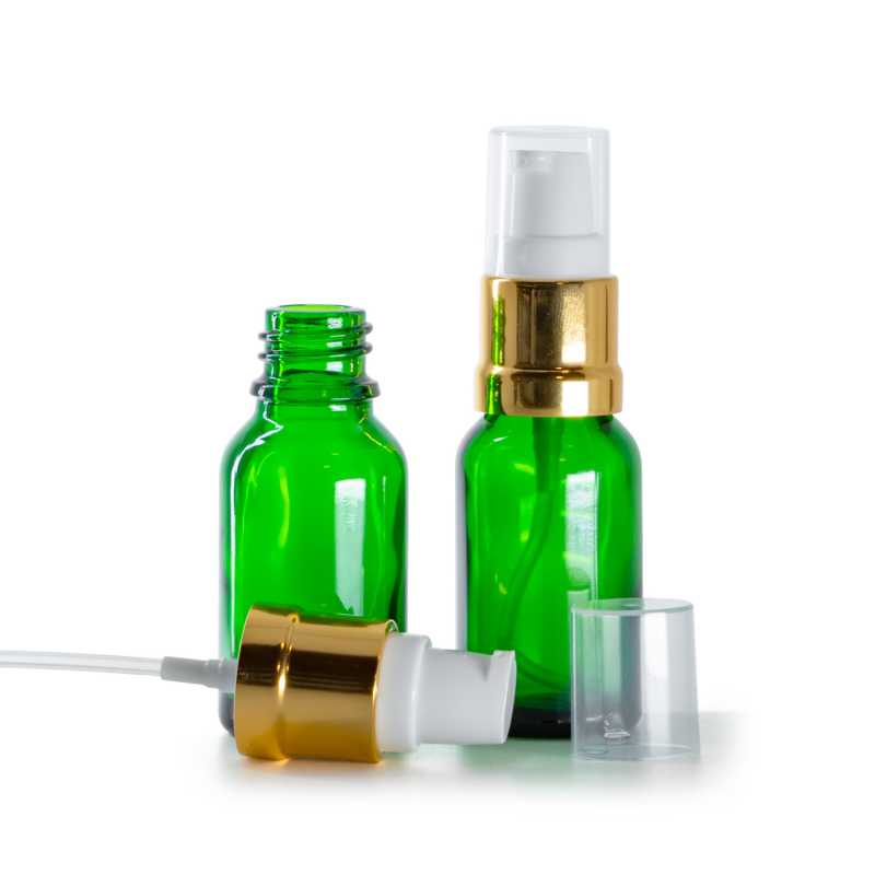 Frasco de vidrio, verde, dispensador blanco dorado brillante, 15 ml