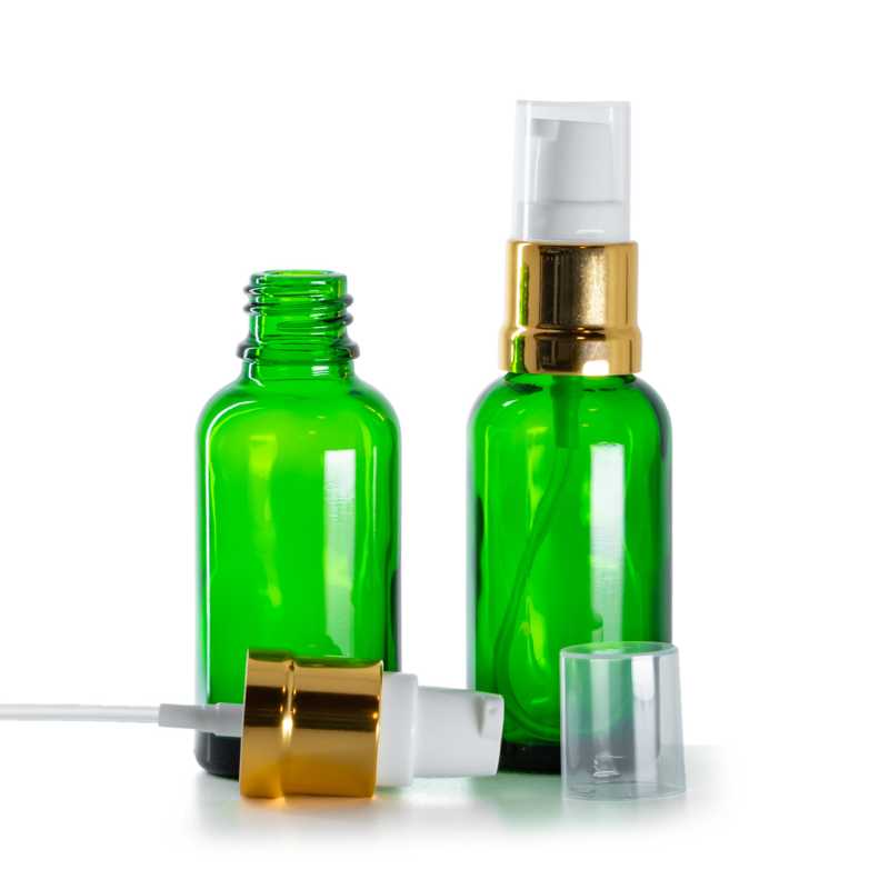 Botella de vidrio, verde, dosificador blanco dorado brillante, 30 ml