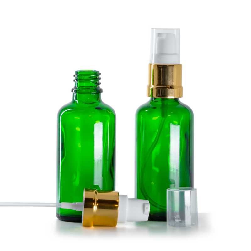 Botella de vidrio, verde, dispensador blanco y dorado brillante, 50 ml