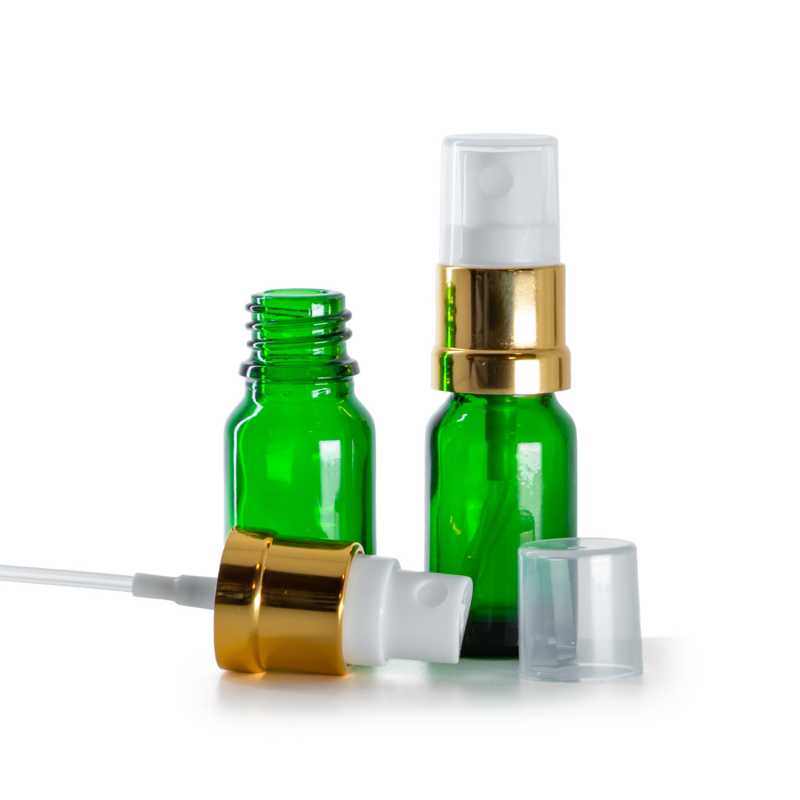 Envase, vidrio, verde, pulverizador blanco dorado, 10 ml