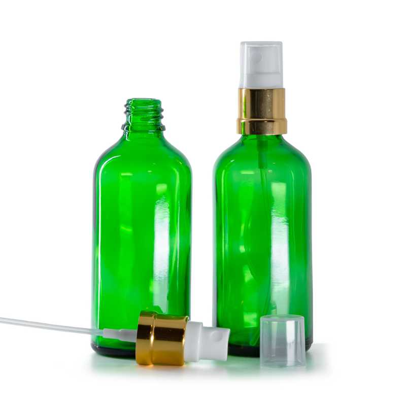 Botella de vidrio verde, pulverizador blanco dorado brillante, 100 ml