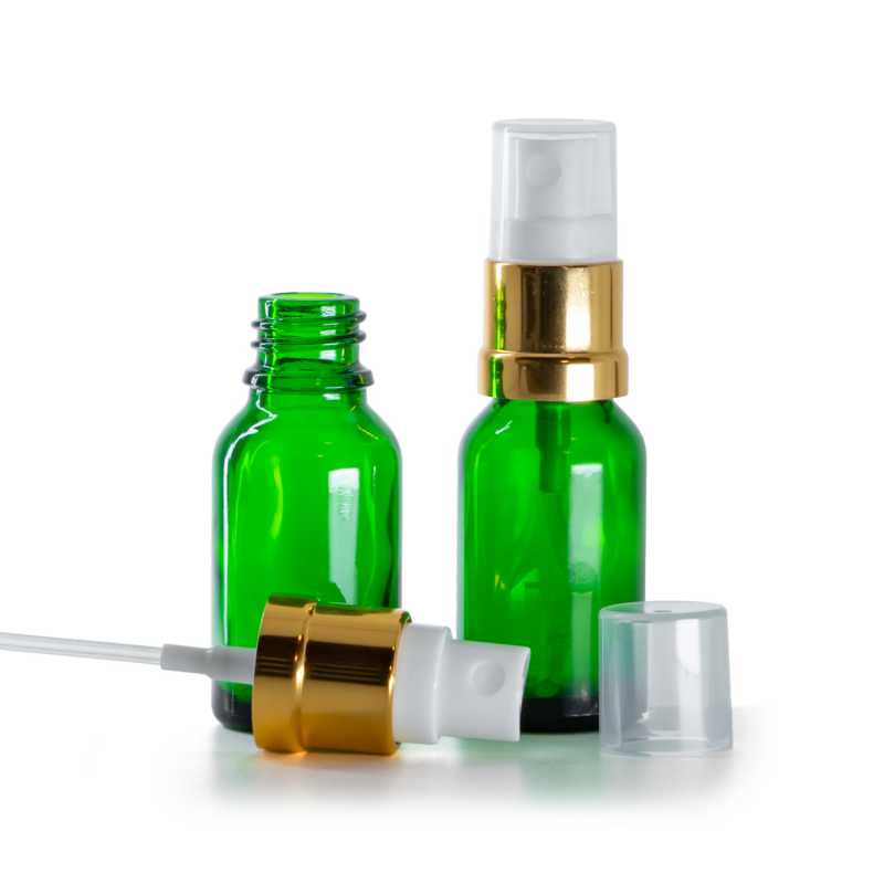 Botella de vidrio, verde, pulverizador, blanco y dorado, 15 ml