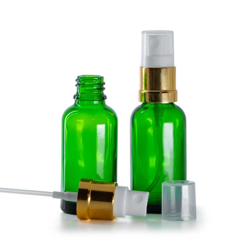 Botella de vidrio, verde, pulverizador blanco dorado brillante, 30 ml