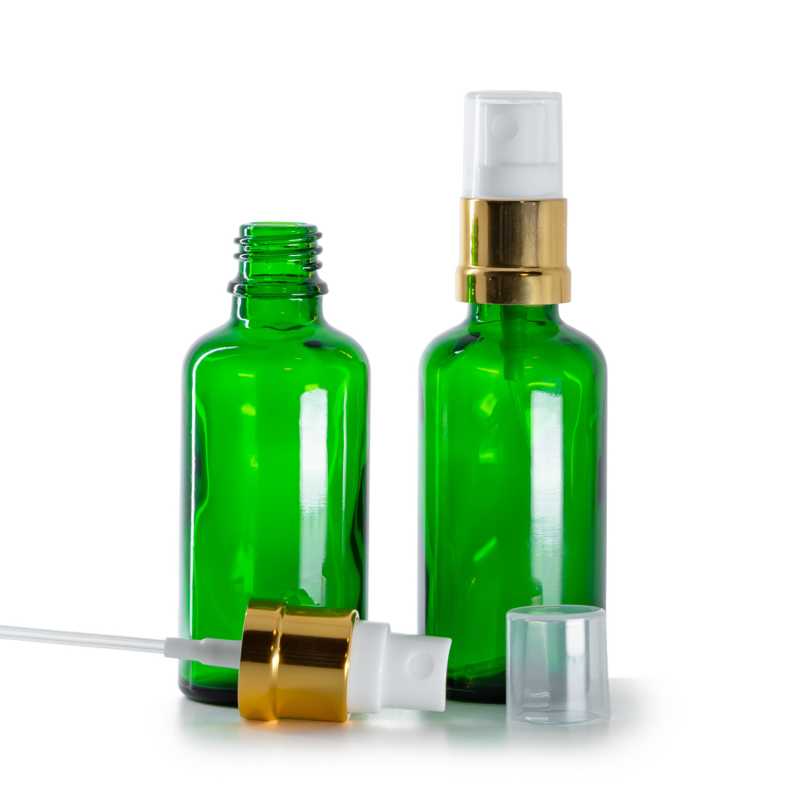 Frasco de vidrio, verde, pulverizador blanco dorado, 50 ml