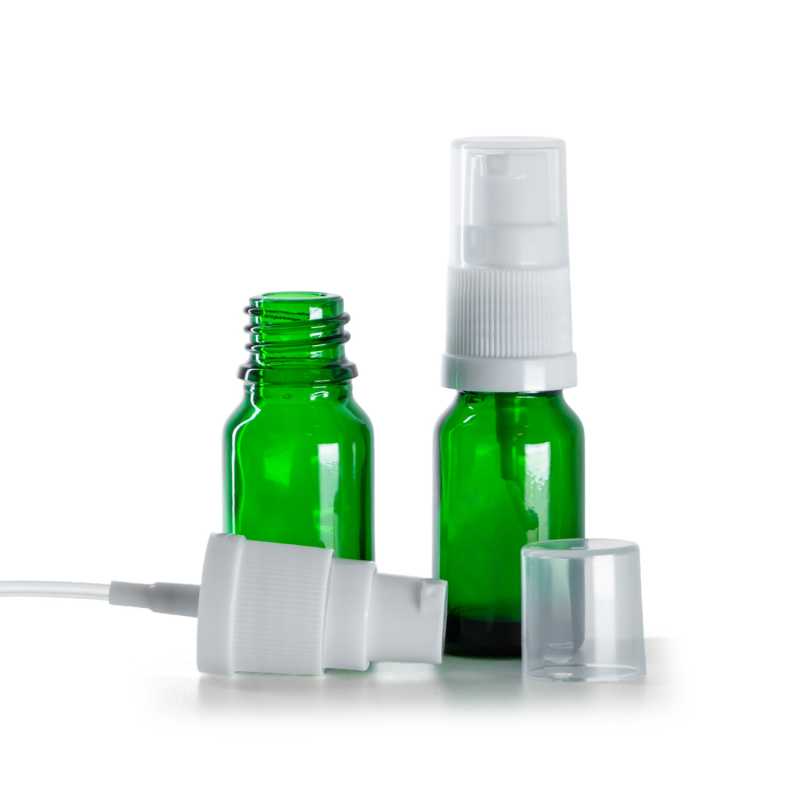 Frasco de vidrio, verde, dispensador de loción blanco, 10 ml