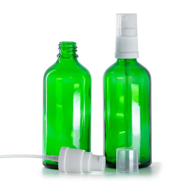 Frasco de vidrio, verde, dosificador blanco, 100 ml